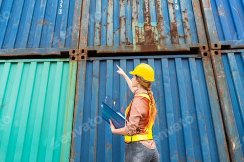 Preview: Female logistic worker checking container at site
