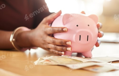 Preview: Piggy bank, savings and black hands with bills for investment, retirement cash and monthly finance.