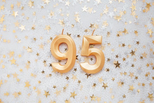 Preview: Number 95 ninety five golden celebration birthday candle on Festive Background.