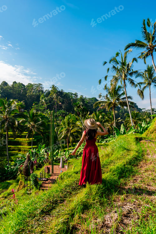 Preview: Young female tourist in red dress looking at the beautiful tegalalang rice terrace in Bali