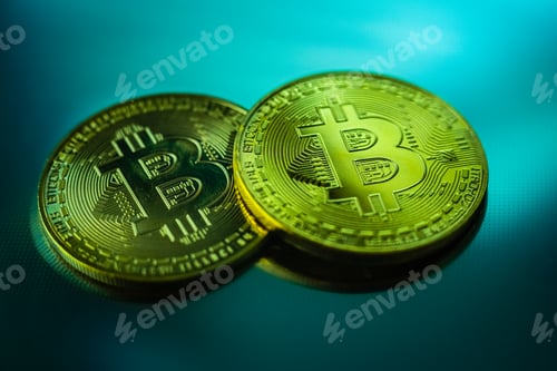 Preview: Two cryptocurrencies golden bitcoin, new economy, with negative space.
