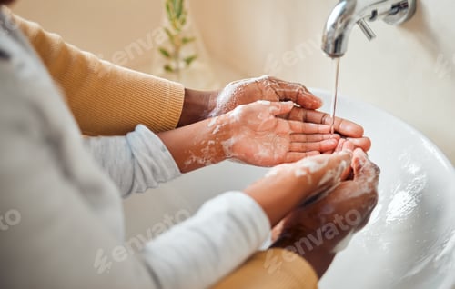 Preview: People cleaning hands, soap and skincare with hygiene in bathroom, self care with skin and water fo