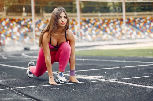 Preview: Sports girl in a pink uniform runs at the stadium