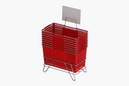 Preview: Stacked Red Handheld Shopping Baskets with Metal Rack