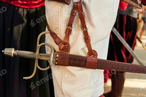 Preview: Old classical sword hanging from the belt of a war soldier costume.