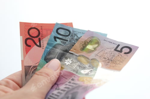 Preview: Holding a handful of Australian dollars AUD money, cash in hand, spending money