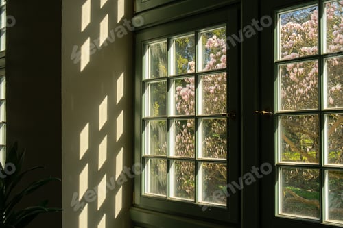 Preview: Close up of palm leaf next to old window. Abstract minimal interior design background decor template