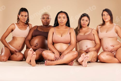 Preview: Pregnancy, portrait and sitting women in underwear for community bonding, diversity support or body