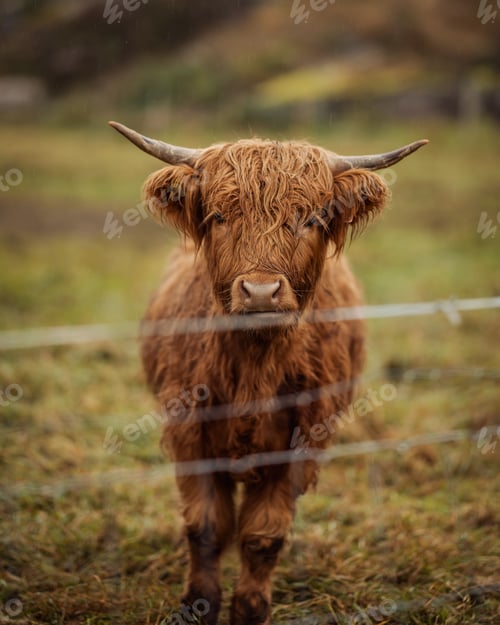 Preview: Highland cow standing in a grassy field with a blurred background. Drangedal, Norway