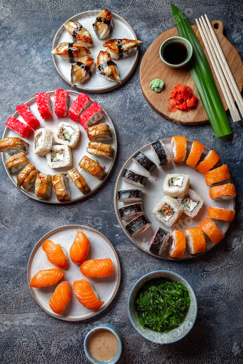 Preview: Sushi and rolls sets. Japonese food. top view