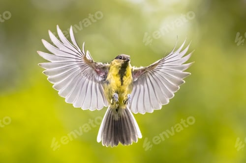 Preview: Bird in flight on green garden background