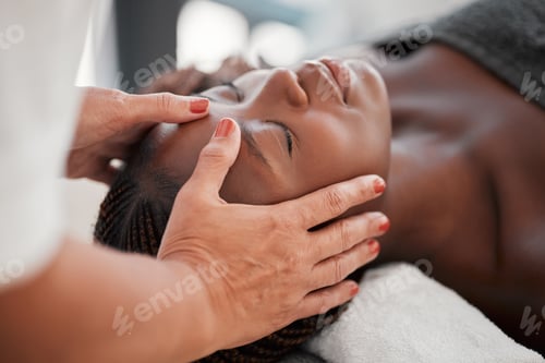 Preview: Beauty, relax and black woman getting a facial massage for health, wellness and self care. Skincare