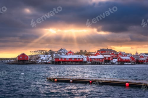Preview: Norwegian fishing village and sea coast at sunset