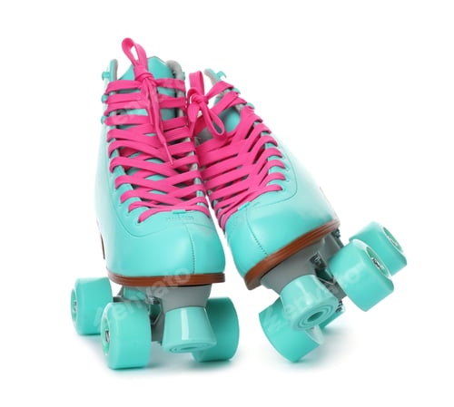 Preview: Pair of bright stylish roller skates on white background