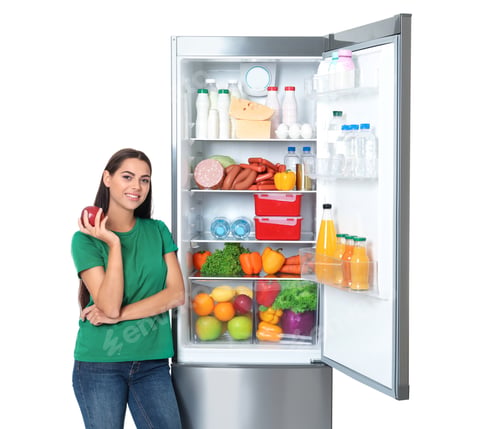 Preview: Young woman with apple near open refrigerator on white background