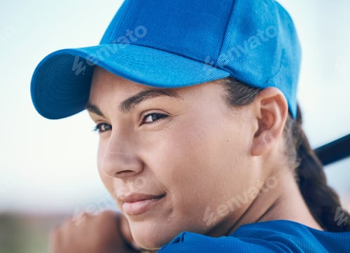 Preview: Baseball, face and a person with bat outdoor on pitch for sports performance or competition. Profes
