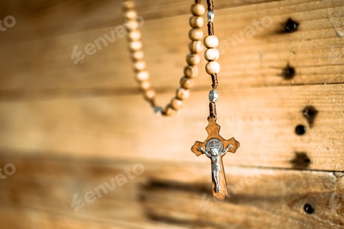 Preview: Christian symbols for religious believers, wooden background.