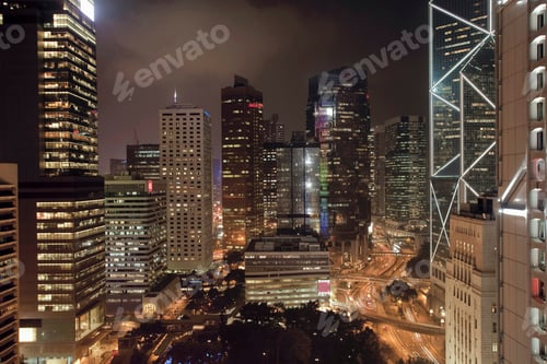 Preview: Urban skyscrapers lit up at night