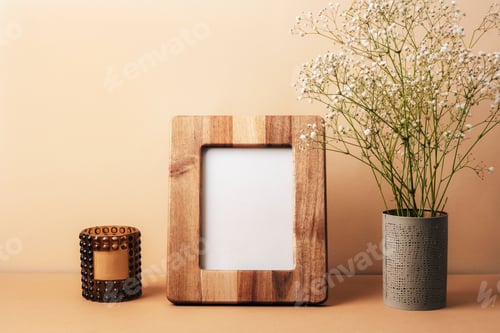 Preview: Blank picture frame, aroma candle and gypsophila flowers in vase on beige table. Front view, mock up