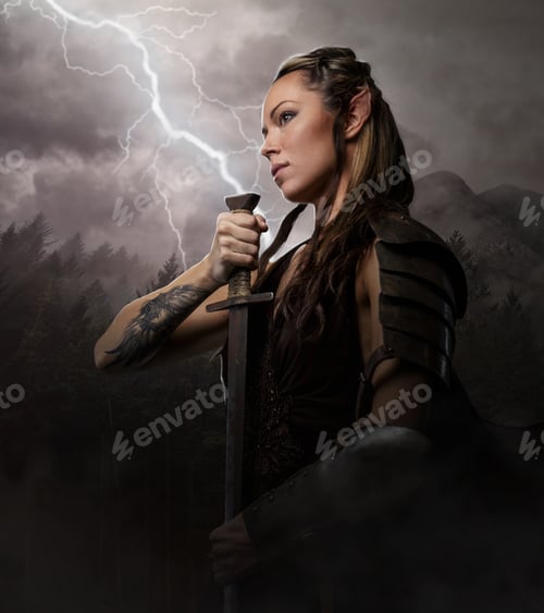 Preview: Female holding sword on lightning background.