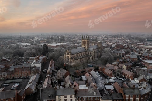 Preview: Aerial view of the North Yorkshire market town of Selby with Selby Abbey at sunrise