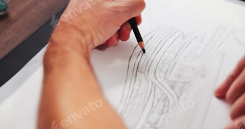 Preview: Drawing, sketch and hands of person with paper for design, property development and building. Creat