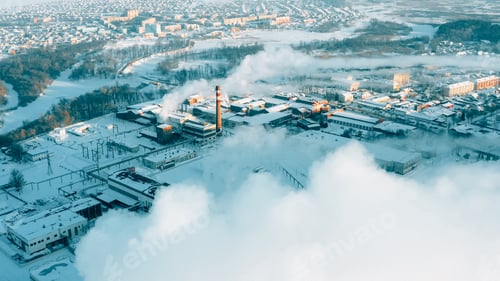 Preview: Aerial View Of Old Paper Mill Factory. Bird's-eye View At Sunny Snowy Winter Day . Plant Pipe With