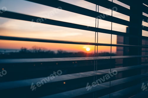Preview: Looking at sunrise through sky rise apartment blinds.
