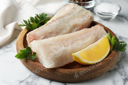 Preview: Fresh raw cod fillets with parsley and lemon on white marble table, closeup