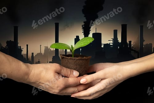 Preview: Hands hold peat pot with green sprout of plant against the backdrop of smoking chimneys
