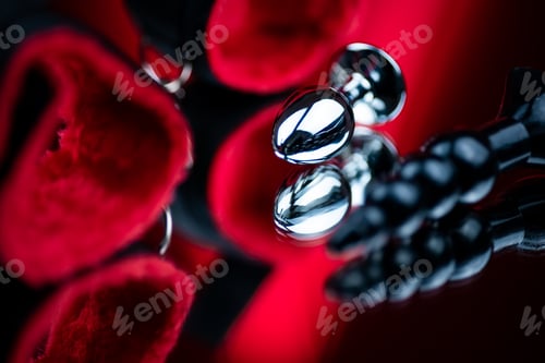 Preview: erotic bdsm toys for intimate sex games metal butt plug on the background of red handcuffs