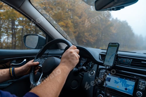 Preview: Person Driving by the road at foggy autumn highway