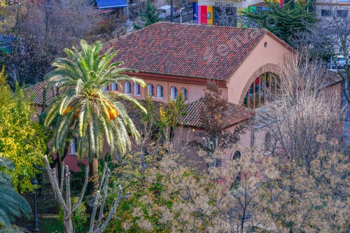 Preview: Aerial view of Casa de Banos in Puertollano, Spain featuring a palm tree in the foreground.