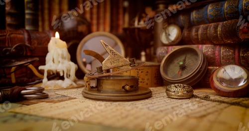 Preview: Vintage style travel and adventure. Vintage old compass and other vintage items on the table.