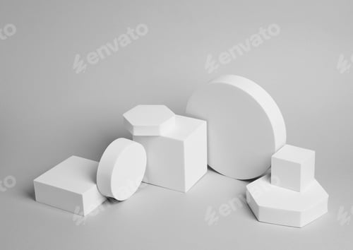 Preview: Scene for product presentation. Podiums of different geometric shapes on light grey background
