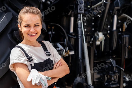 Preview: Portrait of smiling female worker next to tractor in countryside