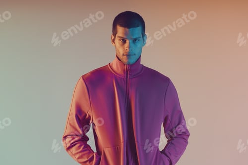 Preview: Studio close-up portrait of attractive male model. Color flash studio light