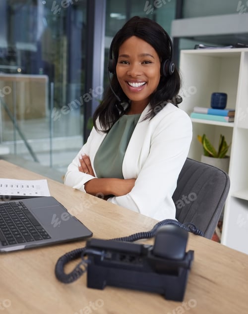 Preview: Portrait, black woman arms crossed and call center for customer support, telemarketing and agent in