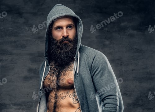 Preview: Athletic bearded male in a grey hoodie.