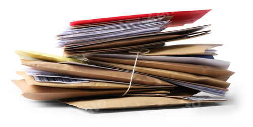 Preview: Stack of different paper envelopes isolated on white. Post office