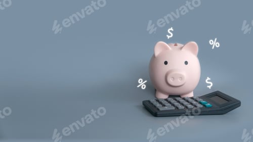 Preview: Piggy back with calculator and money and percentage sign on gray background with copy space.