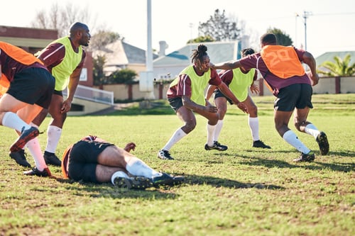 Preview: Rugby, sports and running with a team on a field together for a game or match in preparation of a c