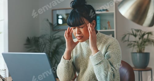 Preview: Anxiety, headache and stress by business woman working on a laptop in a corporate office. Mental he
