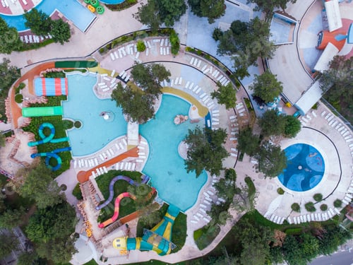 Preview: Aerial view of a large and empty Water park with various Water slides and pools. Albena, Bulgaria