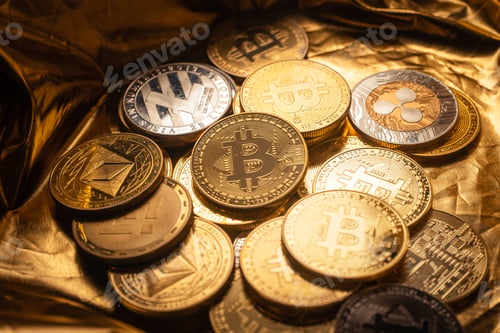 Preview: Cryptocurrency coin and bitcoin on golden background