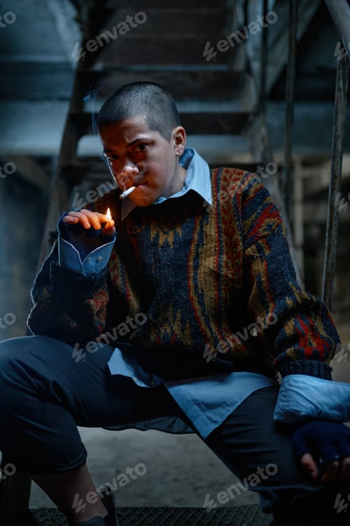 Preview: Lonely helpless unemployed teenager girl lighting cigarette
