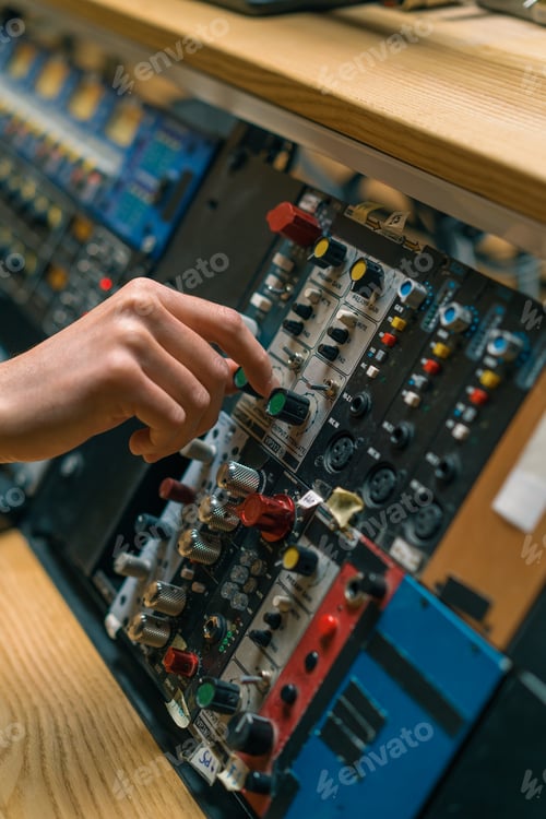 Preview: Sound Engineer Using Digital Audio Mixer Sliders Engineer Pressing Keys Control Panel