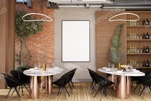 Preview: mock up poster frame in modern interior fully furnished rooms background, Cafe, Dining room,