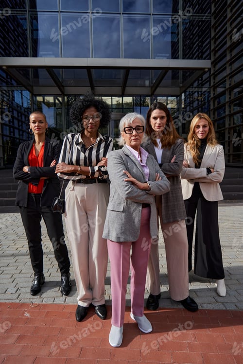 Visualização: Grupo confiante de empresárias multiétnicas olhando seriamente para a câmera.