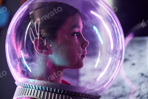 Preview: Caucasian Girl Child Wearing Spacesuit Helmet Imagining Space Exploration